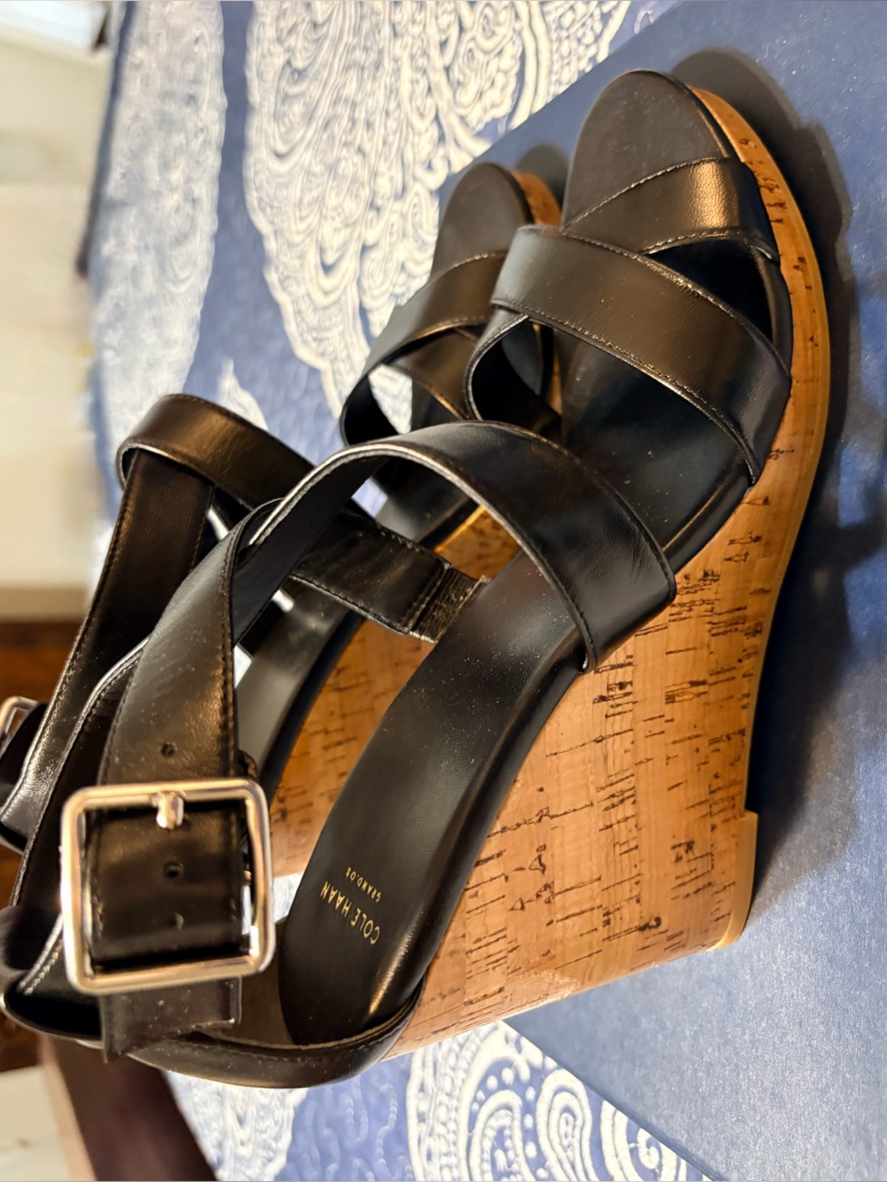 Cole Haan Jillian Black Leather Cork Wedge Sandals with Buckle